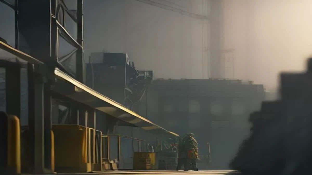 Photograph: slight low angle of a factory production line with machinery and a worker in a hard hat checking output, soft morning light